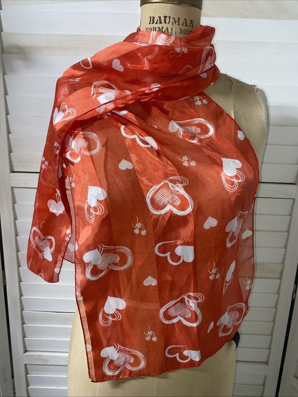 Silk Feel Poly Red & White Heart Print Valentines Day Scarf Rectangle 59” X 13”